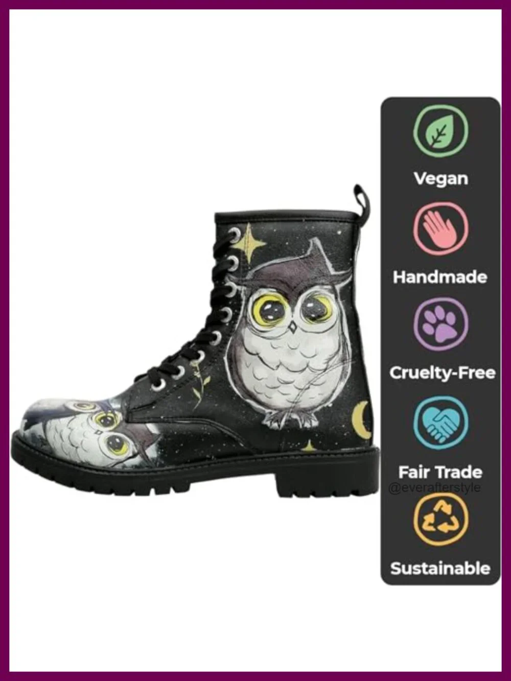 Vegan Leather Long Boots with Owl Print, Low Heel Ankle Booties, Water